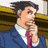 Pixelated image of a person with dark hair wearing a blue suit, white shirt, and pink tie, hand near chin in contemplative pose.