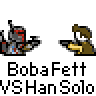 Pixel art contact sheet showing two animated Star Wars character icons with text labels, arranged in a 2x2 grid on gray background.