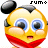 Pixelated yellow emoji face with blue eyes, red mouth area, and black mouse-ear-like shapes on top, with "SUMO" text in pixel font at upper right.