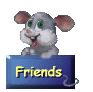 A cartoon mouse with gray fur, pink ears, and green eyes holds a blue sign reading 'Friends' in yellow text.