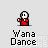 Pixelated character in red outfit with white circular head performing sequential dance poses above 'Wana Dance' text on light gray background.