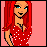 Pixelated character with long red hair in a red polka-dot dress, blue eyes, and a smiling expression against pink background.