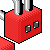 Red pixelated cube with two gray cylindrical protrusions and two dark gray square indentations on its side.