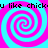 Four identical spiral patterns in cyan and magenta with pixelated text reading "u like chicku like chick" across the top and bottom.