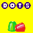 Animated contact sheet showing 11 frames of a yellow background icon with green and red jelly-like shapes, purple "DOTS" text elements scattered across the top and middle rows.