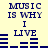 Blue text "MUSIC IS WHY I LIVE" on a pale yellow background with animated blue audio equalizer bars changing across frames.