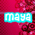 Pixelated cyan rectangle with white text 'maya' on a red and pink floral background.