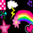 Pixelated rainbow with pink star and heart, yellow lightning bolt, white cloud, and checkered pattern on black and white backgrounds.