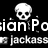Pixelated white skull icons above text reading 'sian Po Stern' and 'Bùt Fái', with repeated 'jackass' text below each, on black background.