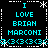 Pixelated cyan text on black background with white decorative borders, repeating 'I LOVE BRIAN MARCONI' and a sequence of symbols.