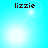 Pixelated text 'lizzie' appears above a bright white light on a cyan background with subtle lens flare effects.