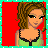 Pixel art of a woman in green top and red skirt with 'Merry Christmas!' text on red background, framed by cyan border.