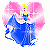A pixelated character in a blue gown with white trim stands against a pink heart-shaped background, with visible animation changes in the gown's lower portion.