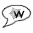 A pixelated speech bubble icon with a stylized 'W' inside, rendered in grayscale tones.