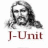 Pixelated grayscale portrait of a bearded man with long hair, below which red text reads 'J-Unit' on white background.