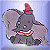Pixelated static icon of a gray cartoon elephant with large ears, red hat, and colorful striped collar against light blue background.