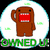 Brown cartoon character with red mouth and raised arm in circular white background with green text, repeated in