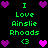 Pixelated green text and purple/pink hearts on black background, with repeated 'I Love Ainslie Rhoads' phrases and '<3' symbols.
