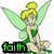 Pixelated fairy character with blonde bun, green wings, and green dress sits cross-legged; text below reads 'faith', 'trust', 'and pixie dust' in green font on black background.