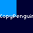 Pixelated text 'CopyPenguin' repeats horizontally across a dark blue background with light blue vertical bars, showing animation where the bottom bar shifts position.