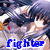 Pixelated anime-style character with dark hair and red lips, wearing a white top against a blue-toned background with visible text "fighter" in blue.