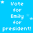 Blue background with white text repeating 'Vote for Emily for president!' and scattered star symbols in various positions.