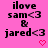 Pixelated text on pink background with two identical static frames showing 'ilove sam<3 & jared<3' and a small red heart at bottom right.