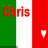 A vertical striped icon with green, white, and red displaying the name 'Chris' in red text and heart symbols that alternate between white and green