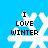 Four pixelated snowflakes on a bright blue background, each with the text "I LOVE WINTER" in black block letters.