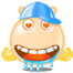 Pixelated cartoon character with blue cap, yellow pigtails, orange eyes, and wide toothy grin showing white teeth and red tongue.
