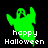 Green ghost-shaped figure with raised arms and a smiling expression, positioned above white text reading 'happy Halloween' on black background.