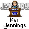 Animated contact sheet of Ken Jennings Jeopardy! buddy icon frames showing character at podium with varying poses, text overlays, and animation effects.