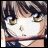 Pixelated anime-style face with brown hair and golden eyes, next to stylized text on black background.