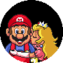 Pixel art of Mario and Princess Peach kissing, with Mario in red cap and blue overalls holding Peach's face as she kisses him.