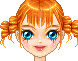 Pixelated doll avatar with orange pigtails and blue eyes showing three facial expressions: open eyes smiling, closed eyes blushing, and open eyes smiling with teeth.