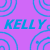 Pixelated blue text 'KELLY' on a solid purple background with light blue curved line patterns.