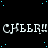 Animated text repeats 'CHEER!' in white pixelated font against black background with scattered cyan dots, each frame showing identical static content.