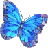 Pixelated blue butterfly with gradient shades from light cyan to dark indigo, wings spread horizontally against a white background.