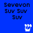 Blue background with black text 'Sevevon SUV SUV SUV' repeated in four quadrants, featuring white pixelated icons of a hand gesture and two abstract shapes.