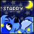 Blue cartoon character with large eyes and ears against a starry night background with a yellow crescent moon, text "STARRY" at top.