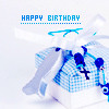 Blue and white pixelated birthday card with gift box, ribbon, and 'HAPPY BIRTHDAY' text.