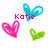 Pixelated image with three heart shapes and pink text reading 'Katie' on a white background.