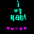 Pixelated teal text and symbols on black background with pink star-like shapes below, showing animation change in one purple star.