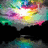A colorful, pixelated abstract shape with shifting hues of green, purple, yellow, and pink against a black background, transitioning between four distinct states.