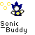 Pixelated character with blue spiky hair and yellow chest emblem, surrounded by three yellow rings on gray background, below text reading 'Sonic Buddy' in blocky font.