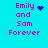 Cyan background with pink text 'Emily and Sam Forever' in four quadrants, each containing a distinct blue pixel symbol.