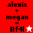 A split-screen image shows two versions of a text-based icon with 'alexis + megan = Bf4l' and star symbols, one red background version and one white background version.