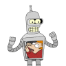 Pixelated cartoon robot with silver body, yellow eyes, and grid-patterned mouth holding a smaller cartoon character in red shirt.