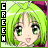 Pixelated anime-style character with bright green hair and green eyes, wearing a purple headband, against a black background with white text.