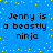 Blue background with yellow pixelated dots and repeated black text reading "Jenny is a beastly ninja" in four identical quadrants.